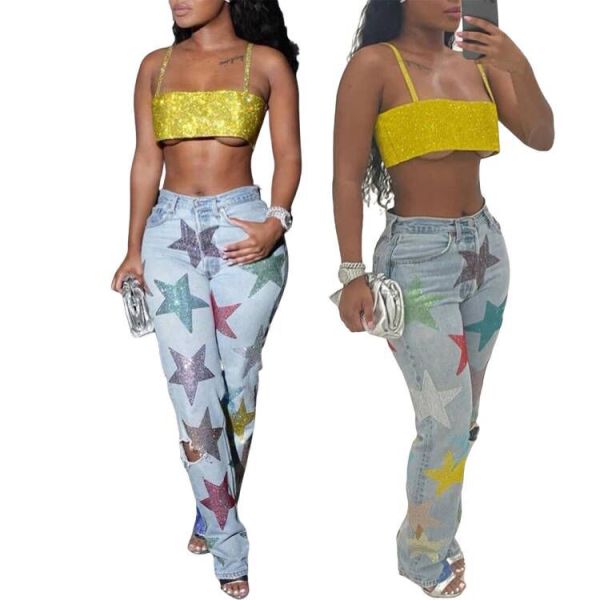 Sequin printed perforated pentagram jeans