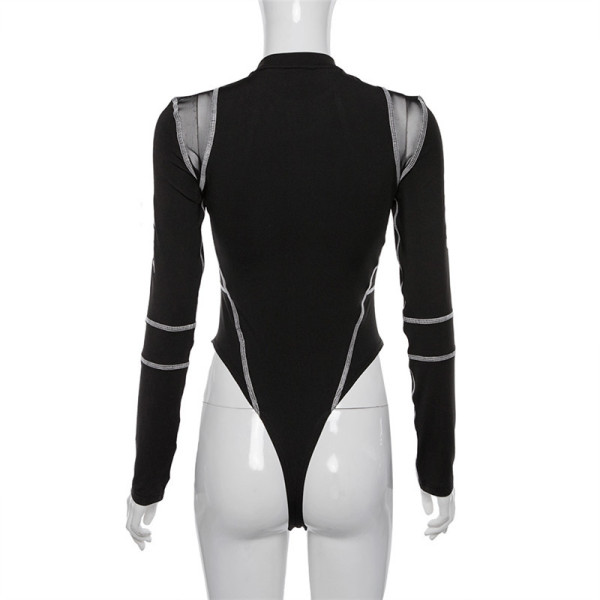 Women's sexy mesh printed long sleeved jumpsuit
