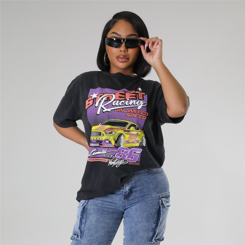 Vintage printed medium length loose fitting short sleeved top