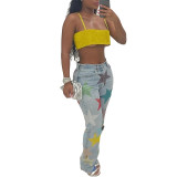 Sequin printed perforated pentagram jeans