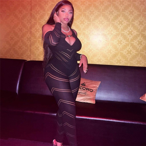 Women's long sleeved low neck hollowed out hanging neck slim fitting high waisted casual jumpsuit