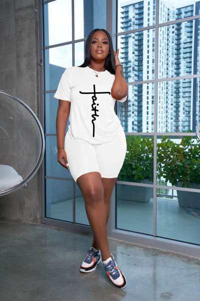 Women's fashion letter casual sports round neck short two-piece set