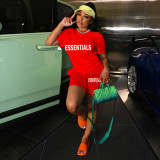 Fashion Casual Letter Offset Printing Pocket Lace Up Loose T-shirt Shorts Sports Two Piece Set