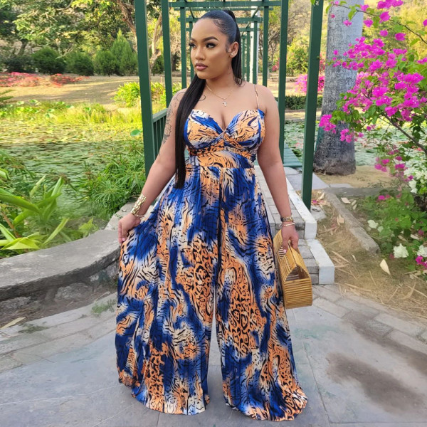Printed drawstring pleated jumpsuit