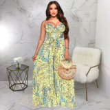Printed drawstring pleated jumpsuit