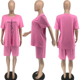 Women's fashion letter casual sports round neck short two-piece set