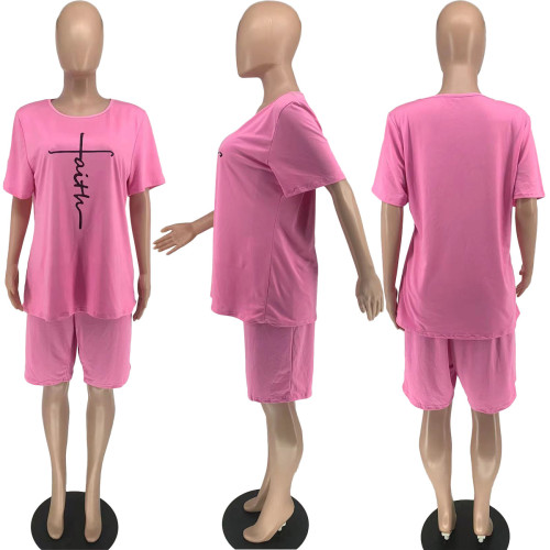 Women's fashion letter casual sports round neck short two-piece set