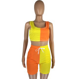 Line Pocket Contrast Panel Set Casual Sports Two Piece Set