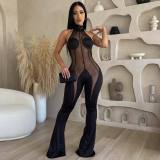 Women's sexy mesh patchwork hanging neck jumpsuit