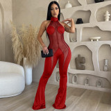 Women's sexy mesh patchwork hanging neck jumpsuit