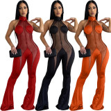 Women's sexy mesh patchwork hanging neck jumpsuit