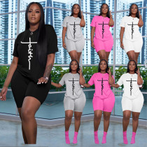 Women's fashion letter casual sports round neck short two-piece set