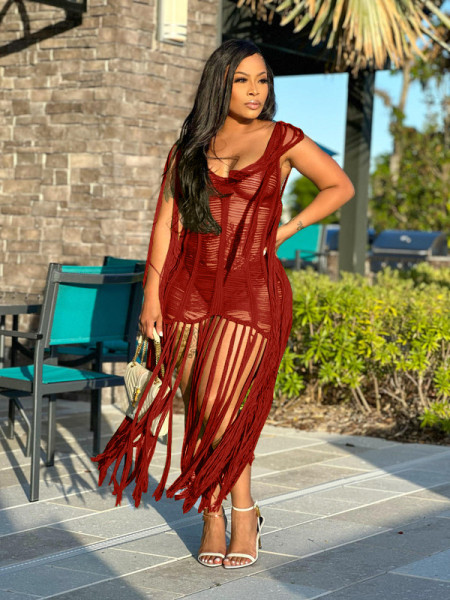 Women's sexy hand hook hollowed out tassel beach skirt