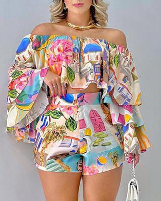 Off shoulder printed top+shorts