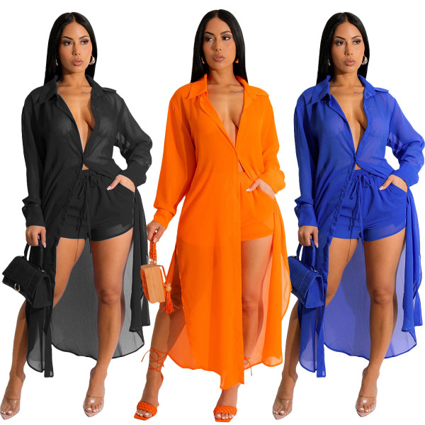 Long lightweight cardigan jacket shorts with lining set of two pieces