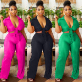 Pressed pleated wide leg pants with straps, fashionable elastic two-piece set