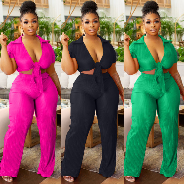 Pressed pleated wide leg pants with straps, fashionable elastic two-piece set