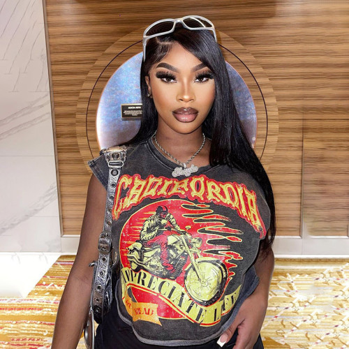 Sleeveless printed loose top versatile casual spicy girl T-shirt