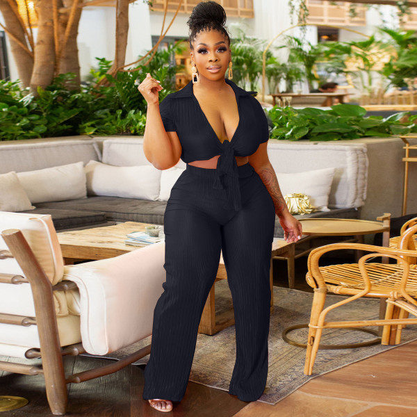 Pressed pleated wide leg pants with straps, fashionable elastic two-piece set
