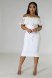 Off shoulder one line collar with polka dot mesh and ruffle edge stitching, slimming and sexy dress with bandage