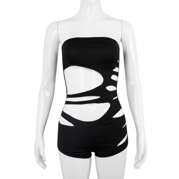 Solid Burnt Perforated Chest Wrapping Sexy One Piece Shorts