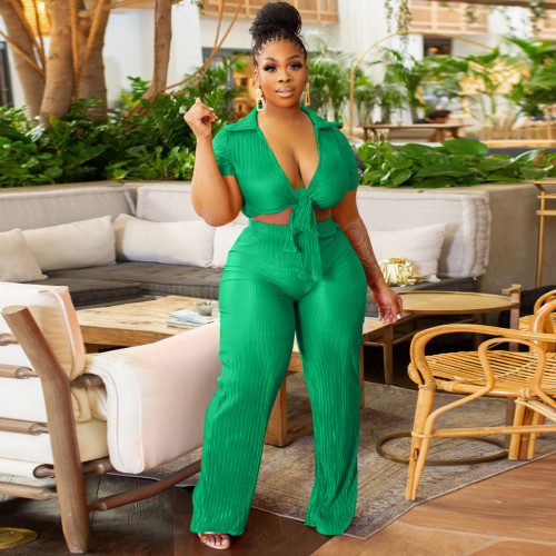 Pressed pleated wide leg pants with straps, fashionable elastic two-piece set