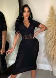 Long tassel elastic knitted hollow out dress