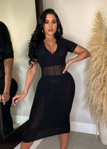 Long tassel elastic knitted hollow out dress