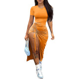 Women's fashion, sexy, slim fitting, solid color pleated, split drawstring dress