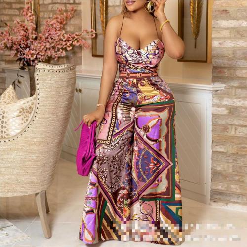 Vintage chain printed open back strap top+wide leg pants set