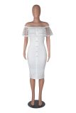 Off shoulder one line collar with polka dot mesh and ruffle edge stitching, slimming and sexy dress with bandage