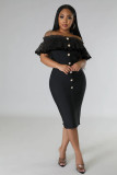 Off shoulder one line collar with polka dot mesh and ruffle edge stitching, slimming and sexy dress with bandage
