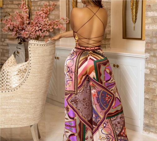 Vintage chain printed open back strap top+wide leg pants set