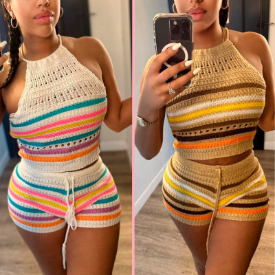 Printed Stripe Sleeveless Back Hanging Neck Top Wrapped Hip Tight Sweater Fashion Set