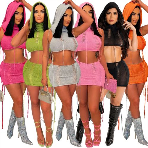 Women's casual sleeveless hooded beach skirt set