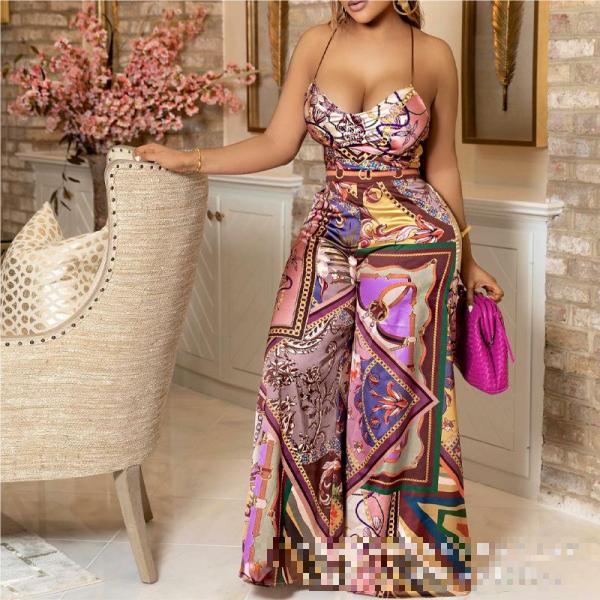 Vintage chain printed open back strap top+wide leg pants set