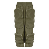 Fashionable street work style large pocket elastic waist split skirt