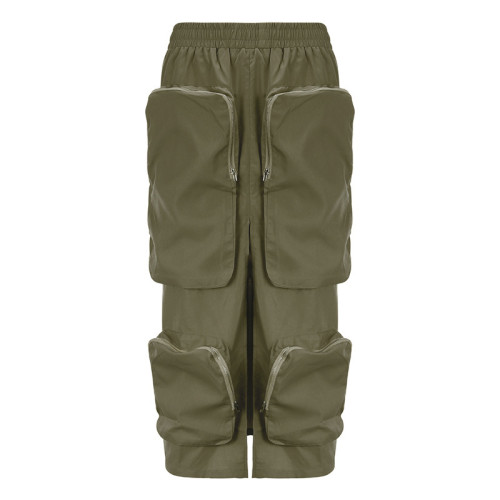 Fashionable street work style large pocket elastic waist split skirt