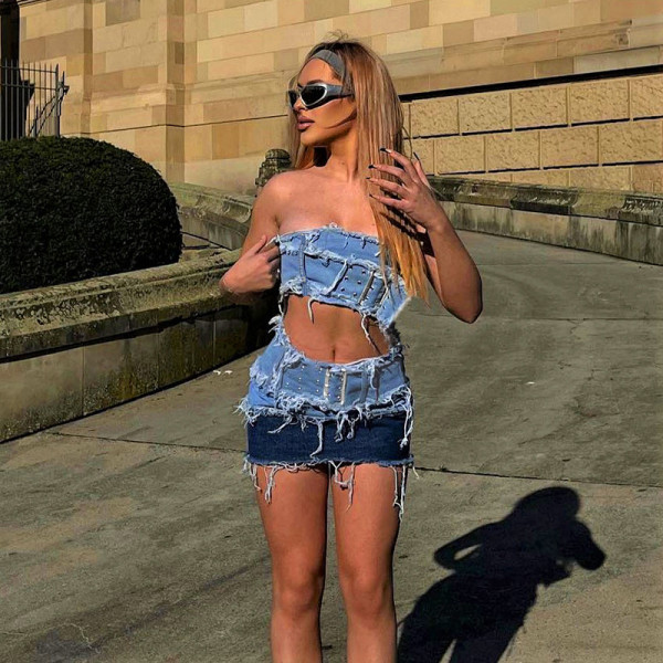 Denim sexy patchwork contrasting matte skirt