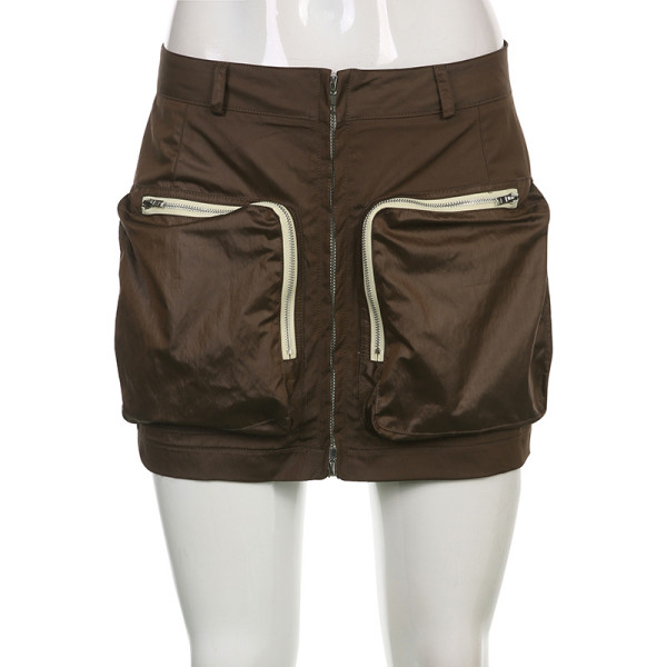 Work style large pocket zipper color contrast stitching straight tube skirt short skirt