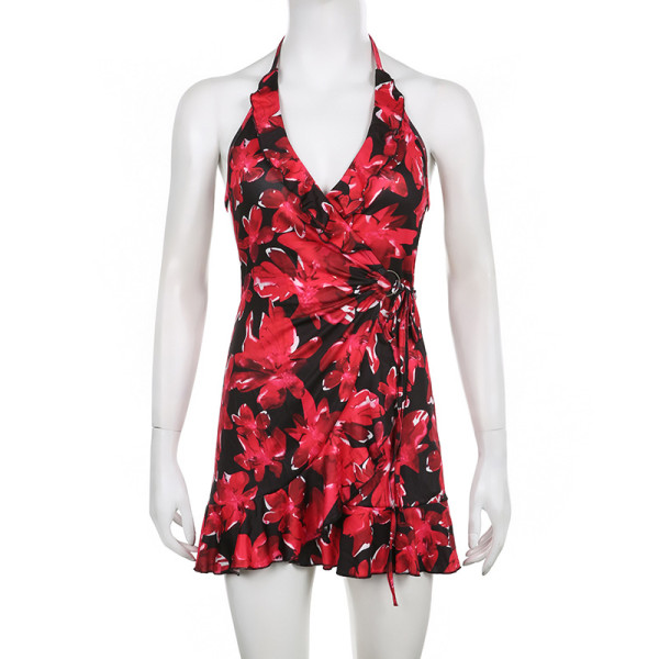 Printed backless sexy vacation wind lotus leaf edge hanging neck tie up dress