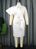Individualized and Asymmetric Style Dress Elegant Standing Neck Beaded Wrapped Hip Skirt