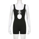 Sexy and distinctive hollowed out circular patchwork tight tank top jumpsuit shorts