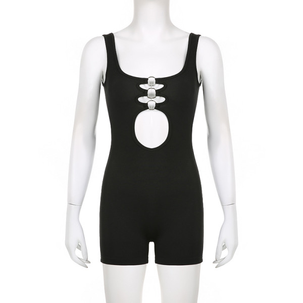 Sexy and distinctive hollowed out circular patchwork tight tank top jumpsuit shorts