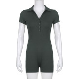 Casual sports women's solid colored basic Polo neck breasted tight spicy girl jumpsuit shorts