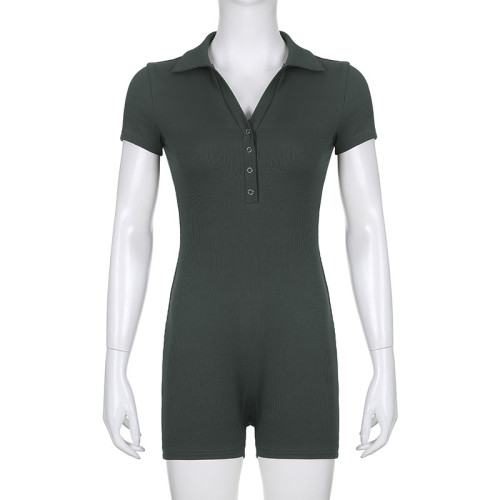 Casual sports women's solid colored basic Polo neck breasted tight spicy girl jumpsuit shorts