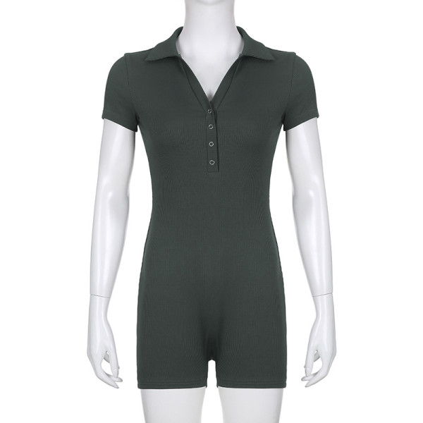 Casual sports women's solid colored basic Polo neck breasted tight spicy girl jumpsuit shorts
