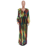 Sexy and fashionable women's V-neck ruffled waist with large hem pleated dress