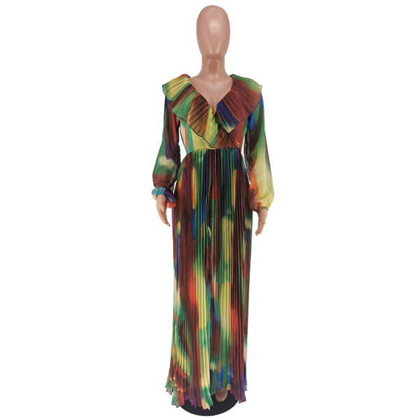 Sexy and fashionable women's V-neck ruffled waist with large hem pleated dress