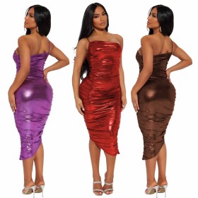 Sexy and fashionable one shoulder drawstring wrinkled dress